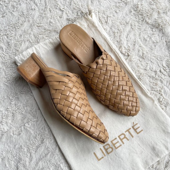 Liberte Shoes - Liberte Bondi woven mules cream tan leather heeled slip-on shoes 8
